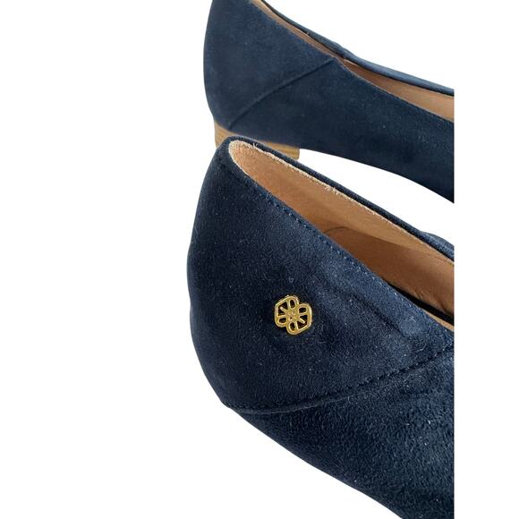 Cupio Women’s Size Made in Spain Navy Suede Loafers | 1” Heel | Gold Logo Detail - Picture 4 of 6